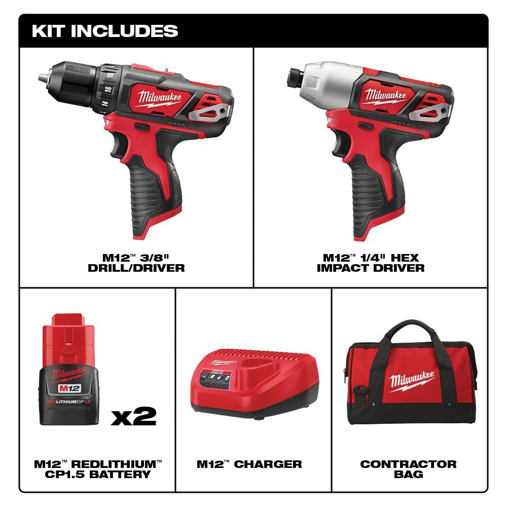 M12 12V Lithium-Ion Cordless Drill Driver/Impact Driver Combo Kit w/ Two 1.5Ah Batteries, Charger Tool Bag (2-Tool)