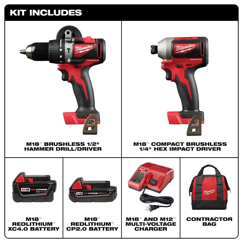 M18 18V Lithium-Ion Brushless Cordless Hammer Drill/Impact Combo Kit (2-Tool) with 2 Batteries, Charger and Bag