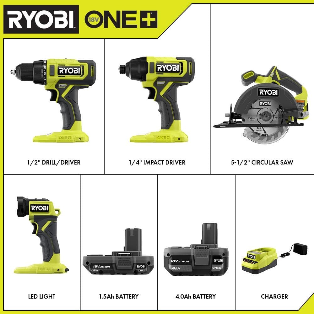 ONE+ 18V Cordless 4-Tool Combo Kit with 1.5 Ah Battery, 4.0 Ah Battery, and Charger